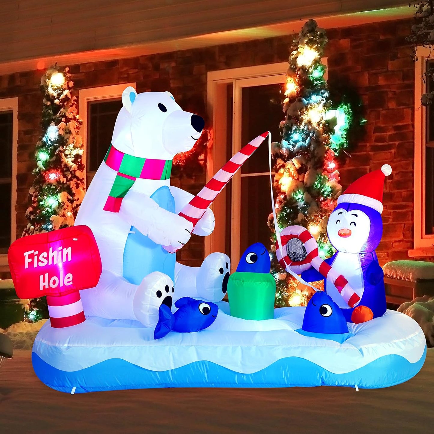 (6FT) Long Christmas Inflatable Penguin & Polar Bear Decoration, Blow Up Yard Fishing Hole Sign w/ Build-in LEDs Decorations