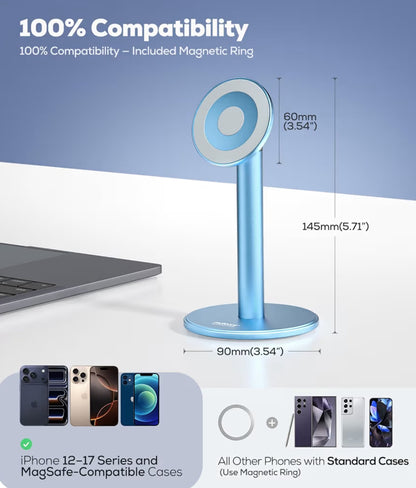 Magnetiese Volledig Aluminium Foonstaander, 360° Draaibaar vir Lessenaar m/ Metaalring, Verstelbare Houer met MagSafe-tas - Blou
