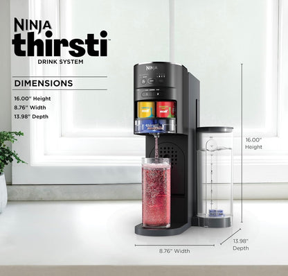 Ninja Thirsti Drankstelsel, Koeldrankmaker, Skep Unieke Vonkel- en Stil Drankies, Pas Grootte en Geur Aan, Koolzuurhoudende Watermasjien, 60L CO2-silinder en Verskeidenheid Gegeurde Waterdruppels - Swart