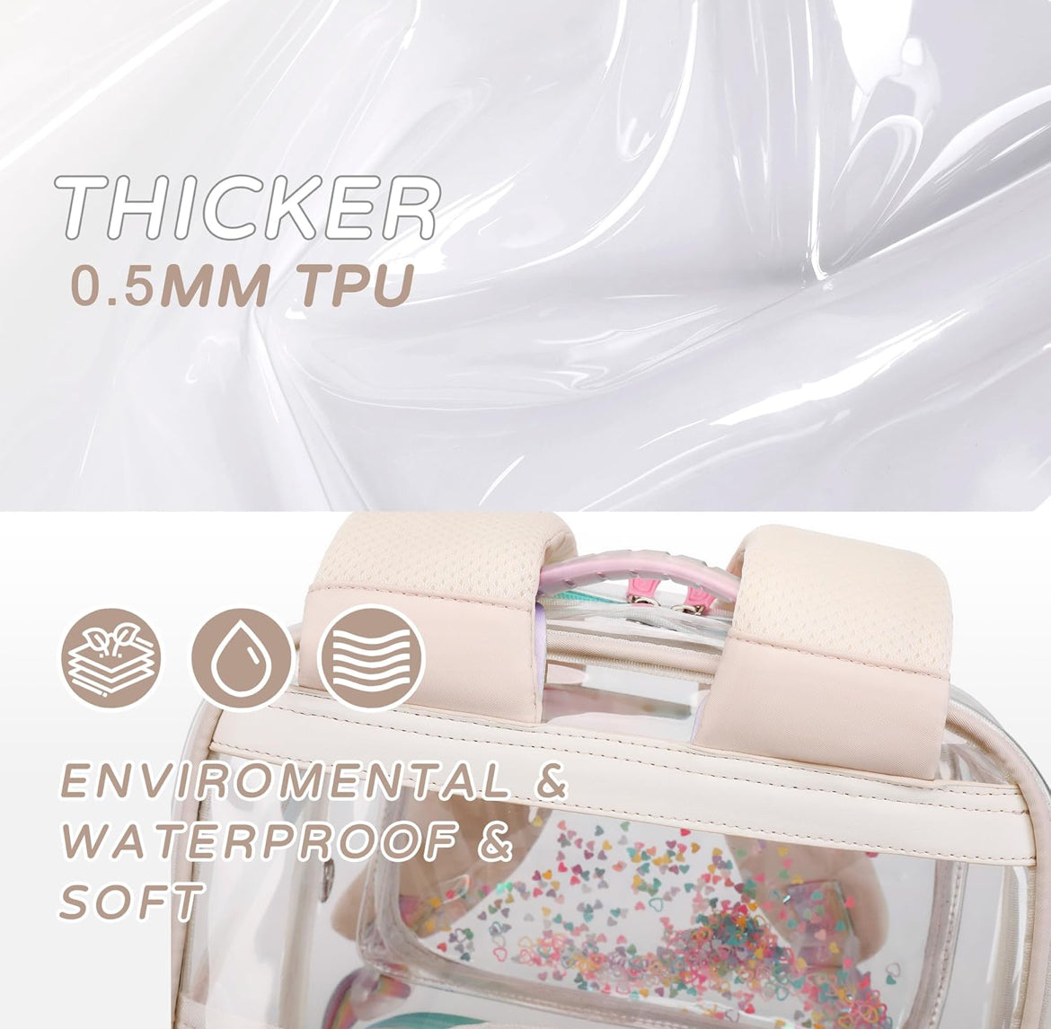 Clear Backpack for Girls Women Transparent Kids Elementary College School Bag Travel Laptop Backpacks Large Bookbags (Beige)