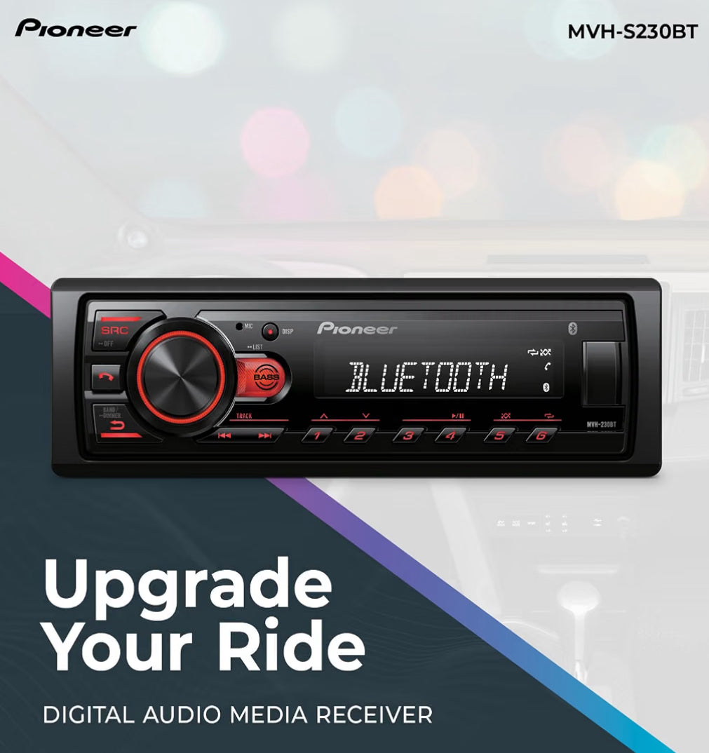 Pioneer MVH-S230BT 1-Din Car Stereo with Bluetooth, USB, AM/FM Radio
Digital Media Receiver, 50W x 4 Output, iPhone/Android Compatible, Front/SW (mono) Selectable RCA Output