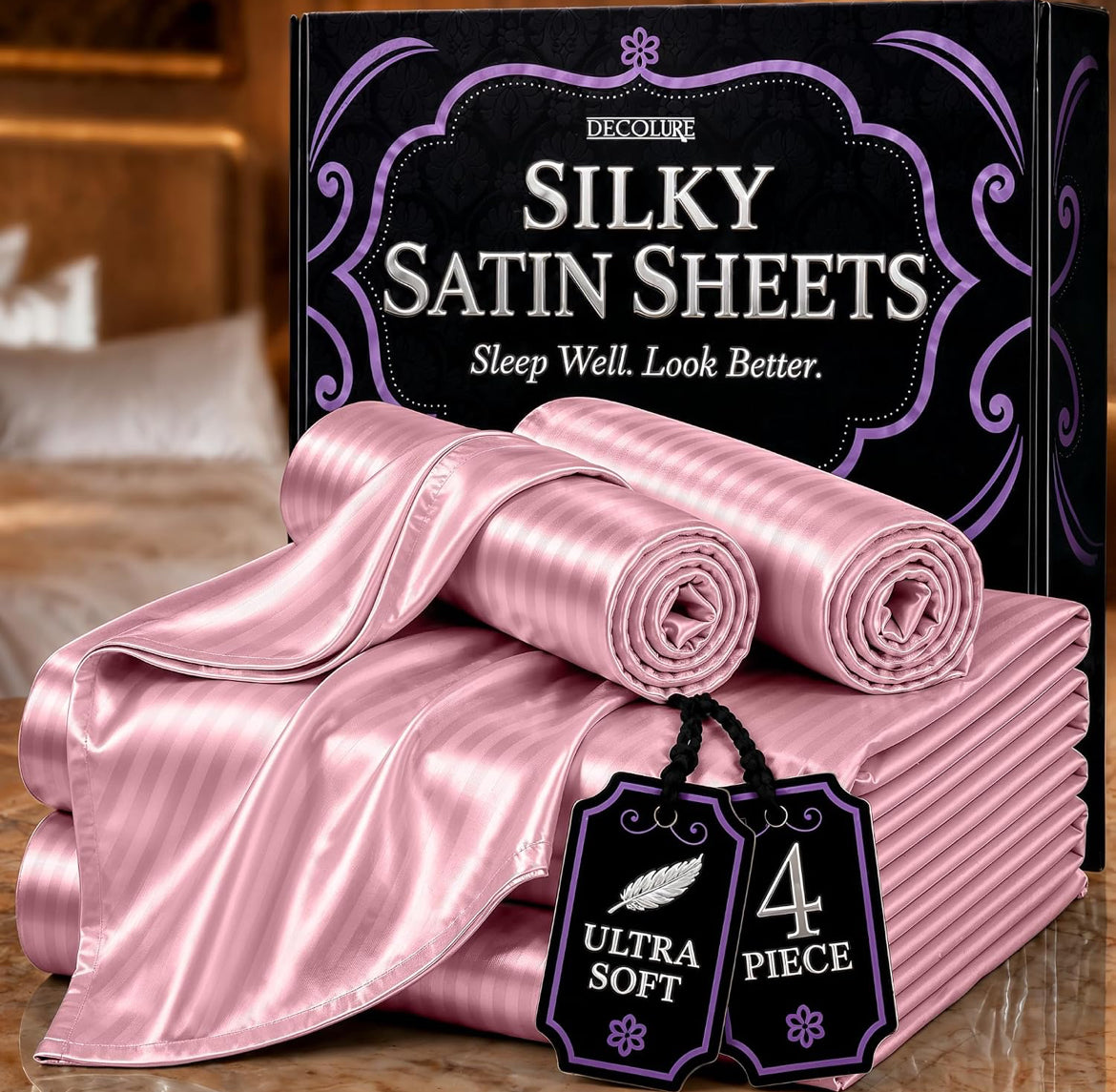 DECOLURE Satin Bed Sheets - 4 Piece Luxury Silky Queen Size Bedding Set - Softer Than Silk, Wrinkle-Free with 15” Deep Pocket Fitted Sheet, Perfect for Hair & Skin, Gifts for Women (Striped Pink)
