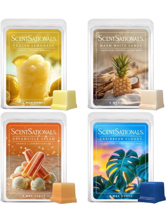 Scentsationals Wax Melts Staycation – Includes Frozen Lemonade, Caribbean Clouds, Warm White Sands & Dreamsicle Cream – 10oz (Pack of 4))