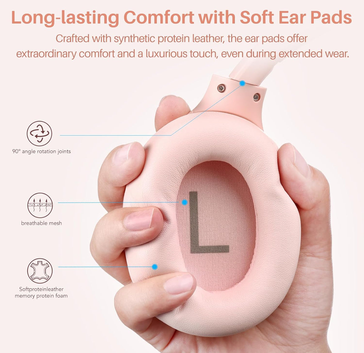 Hybrid Active Noise Cancelling Headphones, Wireless Over Ear Bluetooth, 40H Playtime, Hi-Res Audio Custom EQ, Comfort Fit Ear Cups (Pink)