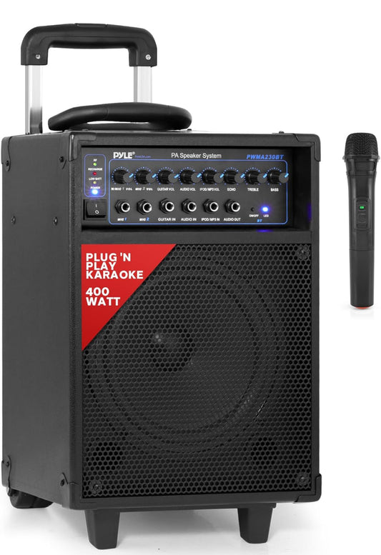 Draadlose Draagbare PA-stelsel-400W Bluetooth-versoenbare Herlaaibare Battery-aangedrewe Buiteklankstereo-luidspreker-mikrofoonstel met handvatsel, wiele-1/4 tot AUX, RCA-kabel