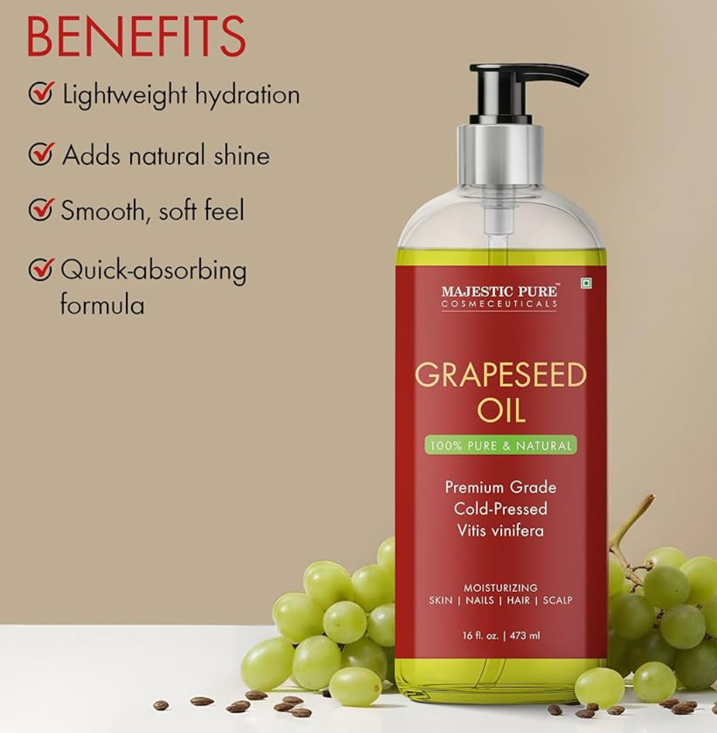 Suiwer Druiwepit-olie - 100% Suiwer & Natuurlik - Premium Graad, Kouegepars, Heksaanvrye Draerolie vir Vel, Hare en Liggaam - Hidraterende Vel - 16 Fl Oz