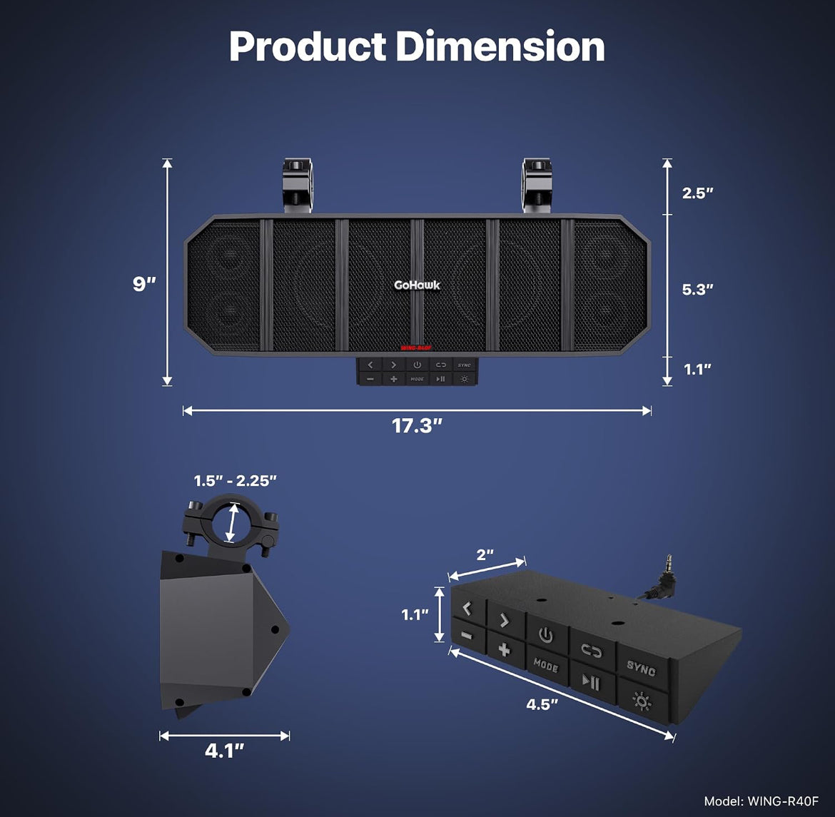 17" 6-Speaker UTV Sound Bar w/ Bluetooth, RGB ATV Soundbar 400W Peak Power, Waterproof, FM Radio/USB/AUX, Detachable Remote & Audio Sync