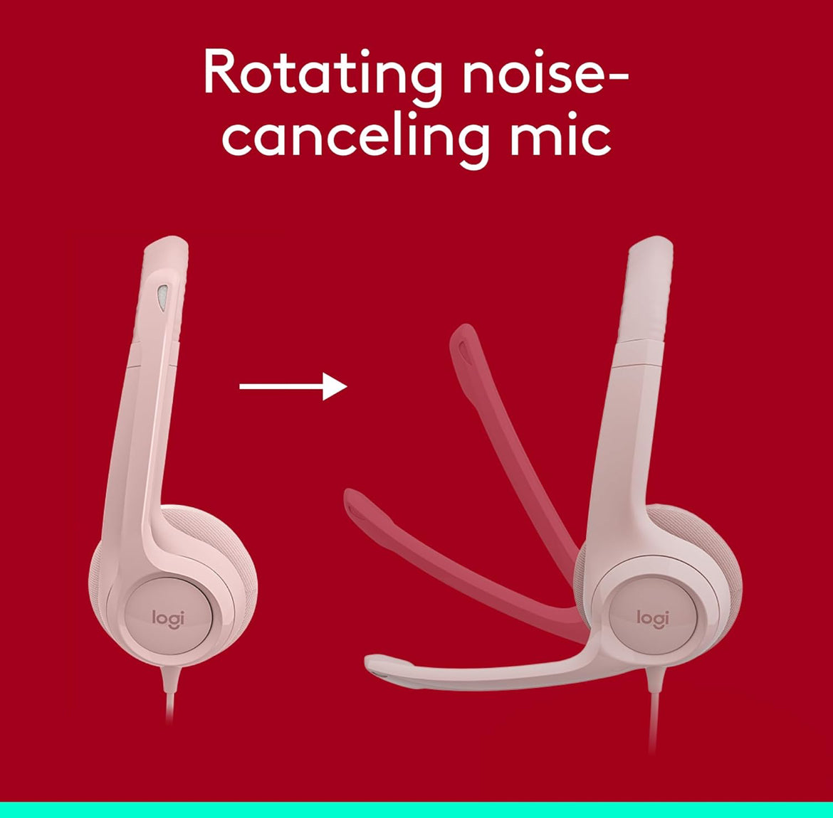 Logitech H390-speletjieshoofoorfone, bedrade hoofoorfone met mikrofoon, USB-koptelefoon met mikrofoon vir rekenaar, geraasdempende mikrofoon vir videovergaderings, musiek, speletjies – Roos