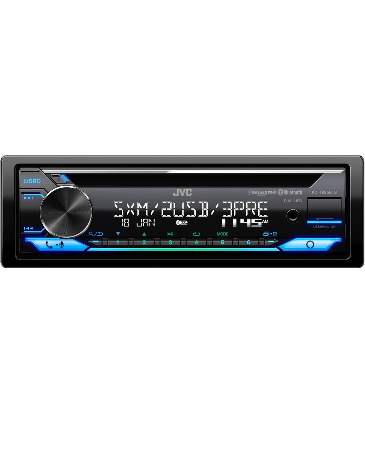 JVC KD-T925BTS Bluetooth-motorradioreceiver met USB-poort – LCD-skerm - AM/FM-radio - MP3-speler - Dubbel DIN – 13-band EQ (Swart)