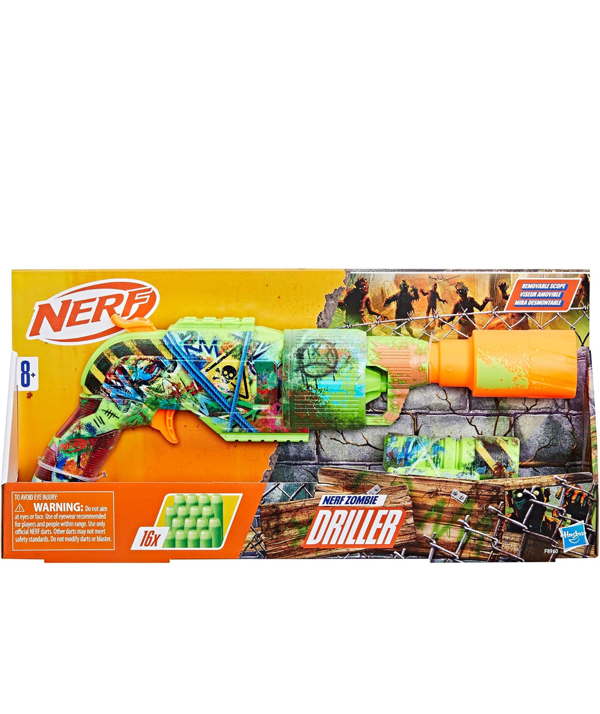 NERF Zombie Driller Dart Blaster, 16 Nerf Elite Darts, Rotating 5 Dart Cylinder, Removable Scope, Outdoor Games, Ages 8+