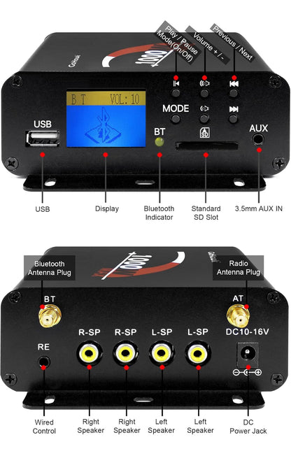 Motorcycle Speakers Bluetooth 4 Inch Waterproof Radio Audio System
1000W Amplifier, Remote Control, AUX USB SD FM Radio, Fits 7/8"–1-1/4" bar for ATVs/Motorcycles, 12 Volt Vehicles
