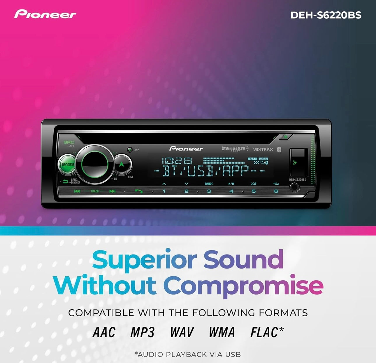 Pioneer DEH-S6220BS Single Din Stereo Receiver Bluetooth CD Player USB/AUX Inputs Apple Android Compatibility Hands-Free Calling