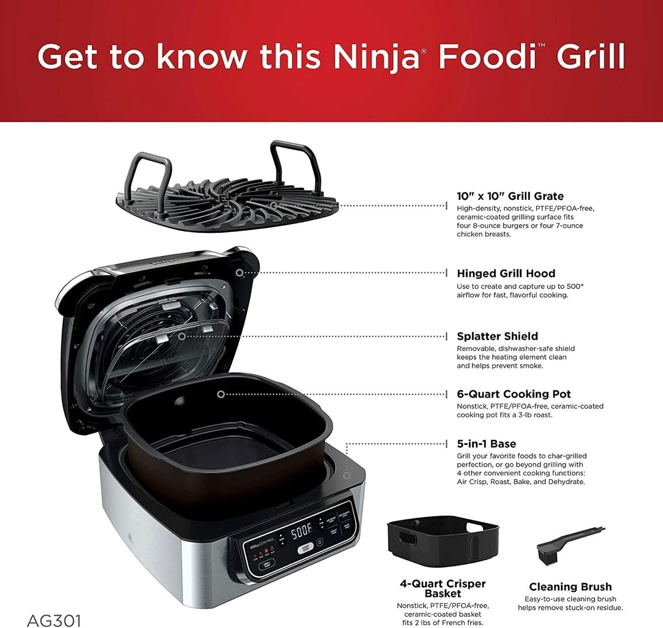 Ninja AG301 Foodi 5-in-1 Binne Elektriese Braaier met Lugbraai, Rooster, Bak & Dehidreer - Programmeerbaar - Swart/Silwer