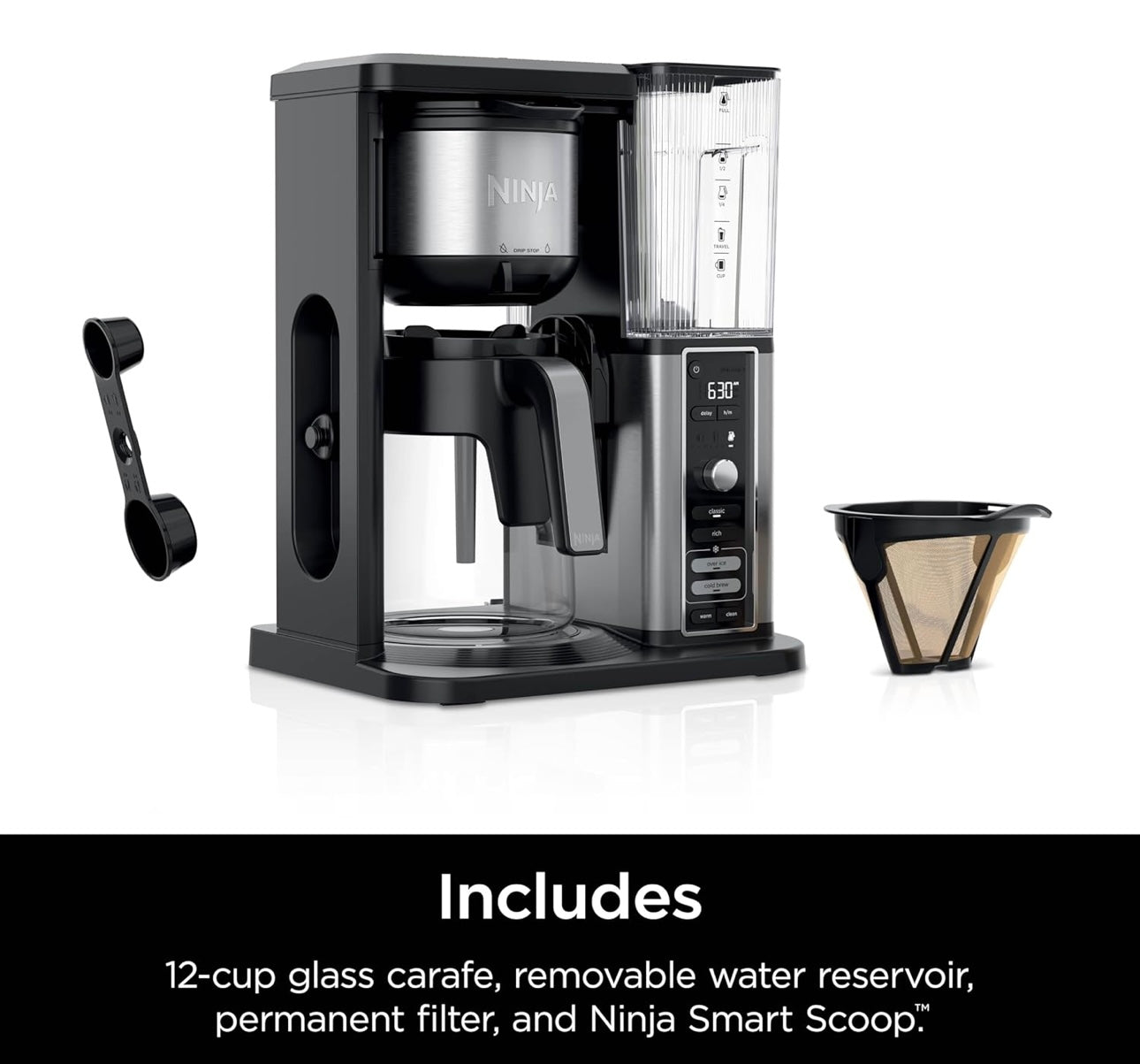 Ninja Hot & Iced XL Coffee Maker with Rapid Cold Brew, 4 Brew Styles - Permanent Filter -Removable Reservoir - Black CM371