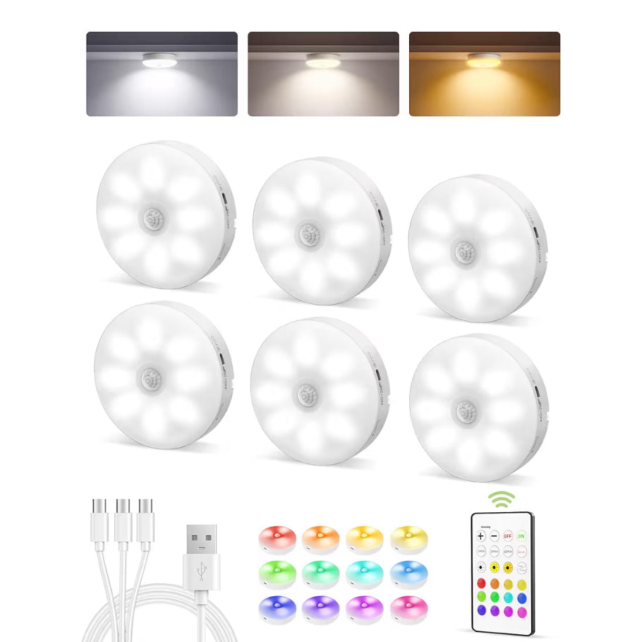 6-Pack Under Lighting, Rechargeable Motion Sensor Puck Lights w/ Remote, 3 Color Temps &12 RGB Colors, Magnetic Stick, Dimmable