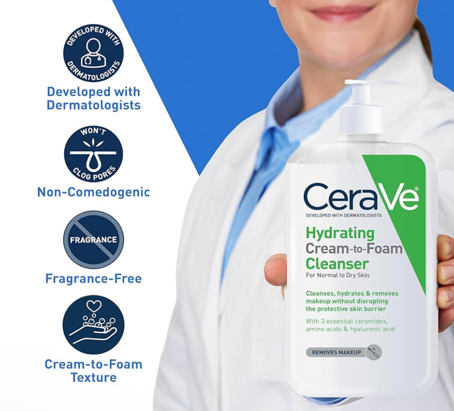 CeraVe Hydrating Cream To Foam Cleanser, Makeup Remover Face Wash For Dry Skin w/ Hyaluronic Acid, Normal To Dry Skin (19 Oz)