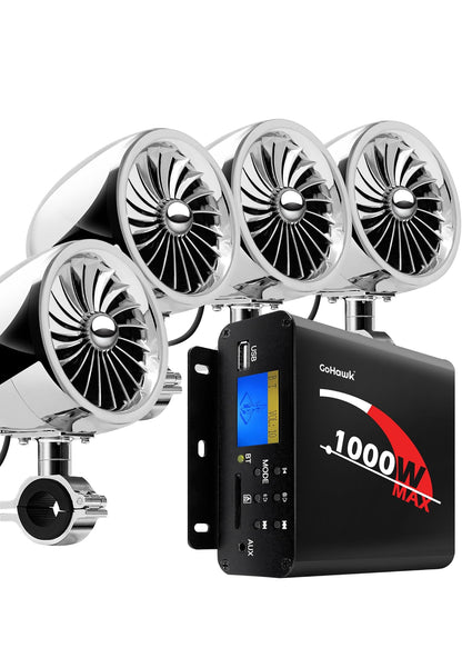 Motorcycle Speakers Bluetooth 4 Inch Waterproof Radio Audio System
1000W Amplifier, Remote Control, AUX USB SD FM Radio, Fits 7/8"–1-1/4" bar for ATVs/Motorcycles, 12 Volt Vehicles
