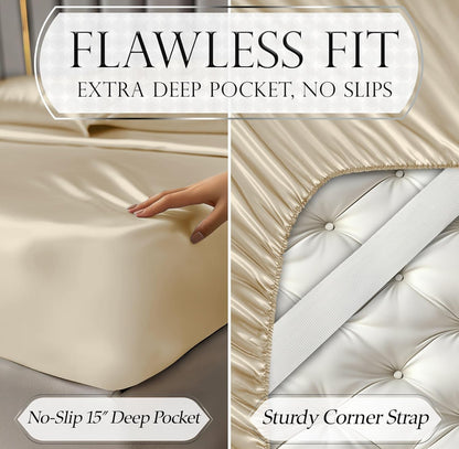 DECOLURE Satin Bed Sheets - 3 Piece Luxury Silky Twin Size Bedding Set - Softer Than Silk, Wrinkle-Free with 15” Deep Pocket Fitted Sheet, Perfect for Hair & Skin, Gifts for Women (Ivory)