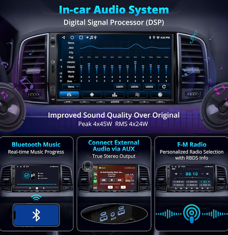 7" dubbel-din-motorstereo met GPS-navigasie in die paneelbord, draadlose CarPlay en Android Auto, WiFi/USB/Bluetooth, ingeboude versterker en DSP, KI-klets, verdeelde skerm motorradio