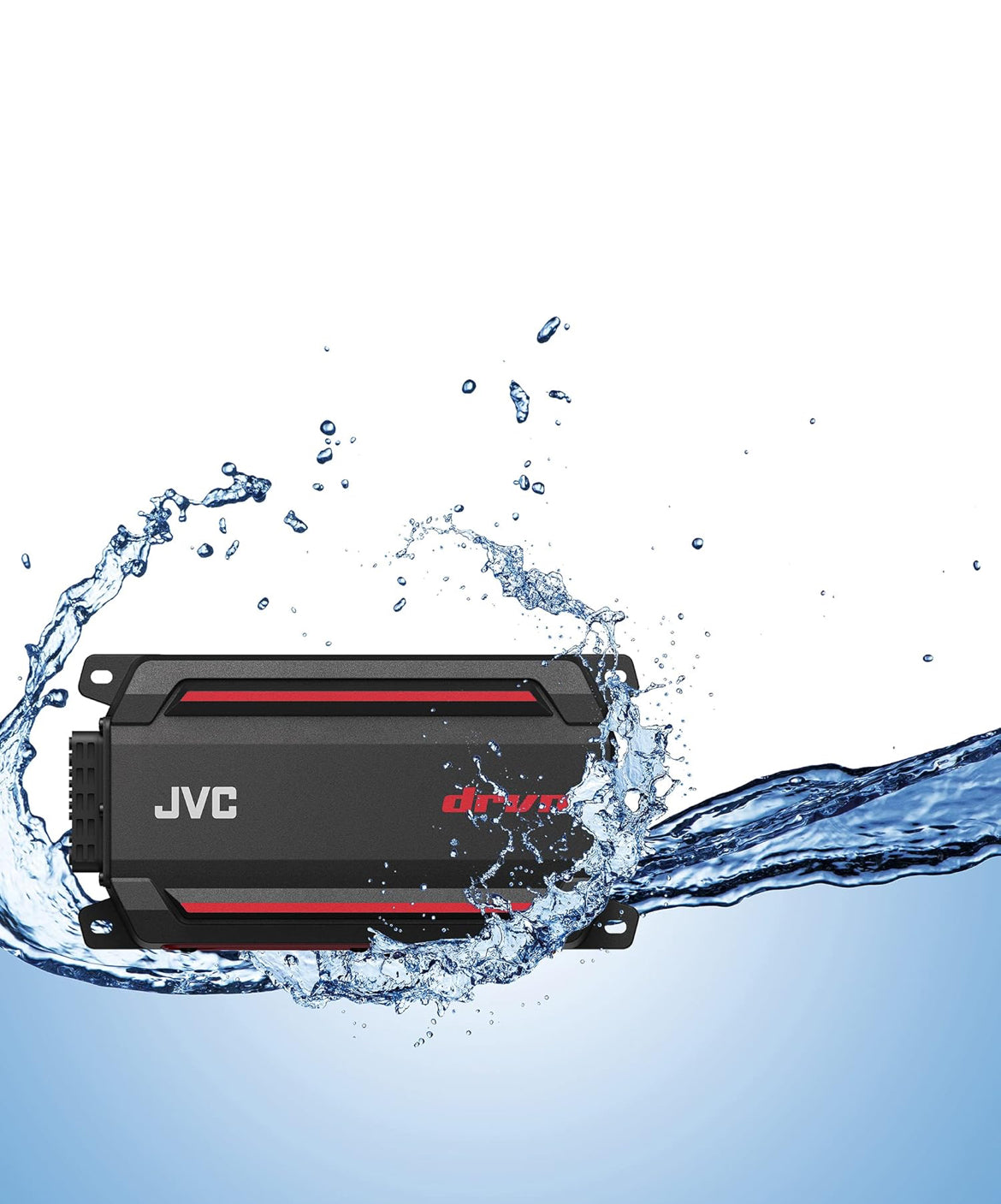 JVC KS-DR2004D 4-kanaal kompakte digitale versterker (600W) vir motors, seevaartuie, UTV & motorsportvoertuie, soliede korrosiebestande aluminiumonderstel, IPX6-, IPX7- & IP6X-gesertifiseer en vibrasiebestand