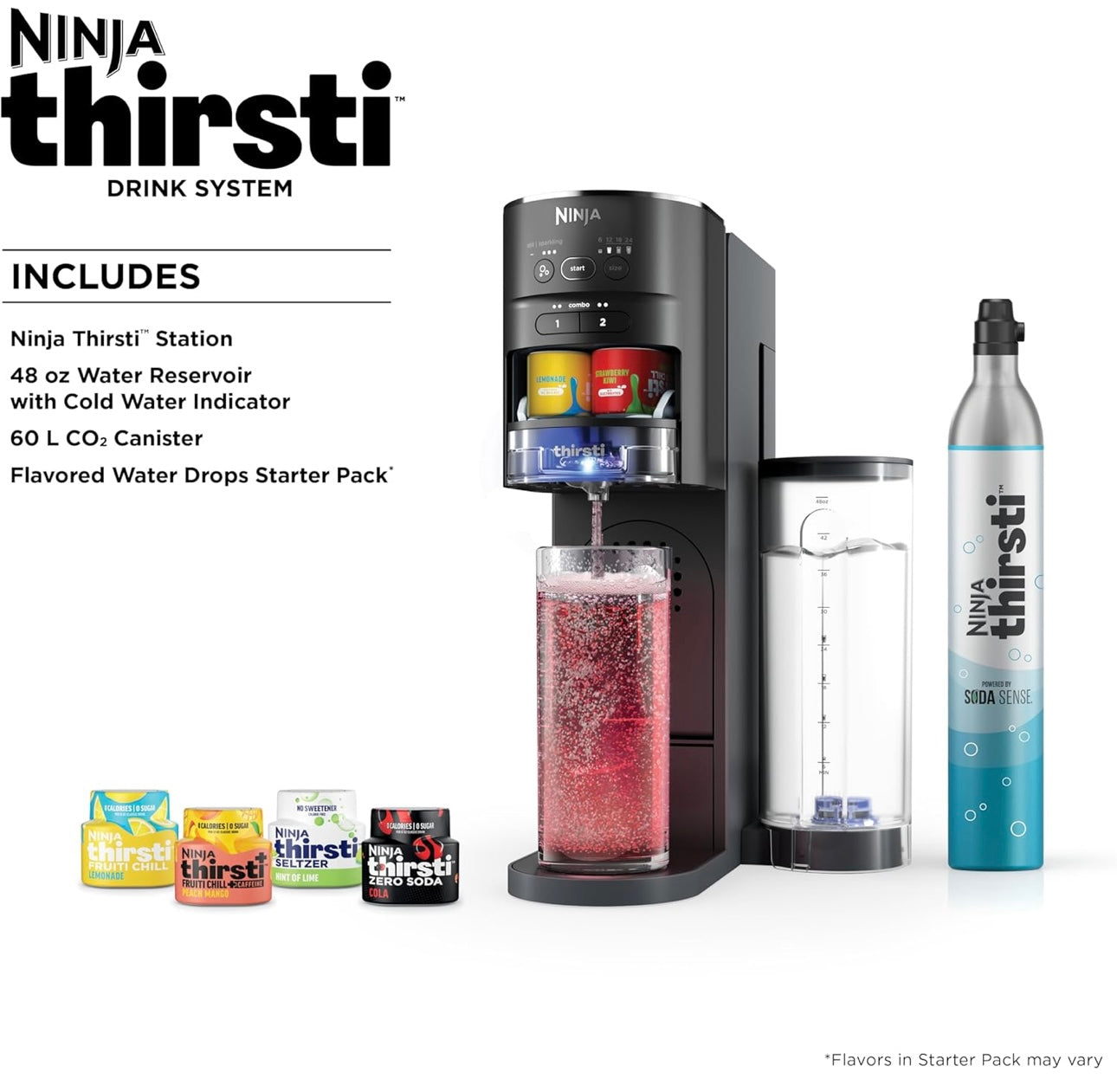 Ninja Thirsti Drankstelsel, Koeldrankmaker, Skep Unieke Vonkel- en Stil Drankies, Pas Grootte en Geur Aan, Koolzuurhoudende Watermasjien, 60L CO2-silinder en Verskeidenheid Gegeurde Waterdruppels - Swart