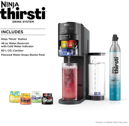 Ninja Thirsti Drankstelsel, Koeldrankmaker, Skep Unieke Vonkel- en Stil Drankies, Pas Grootte en Geur Aan, Koolzuurhoudende Watermasjien, 60L CO2-silinder en Verskeidenheid Gegeurde Waterdruppels - Swart