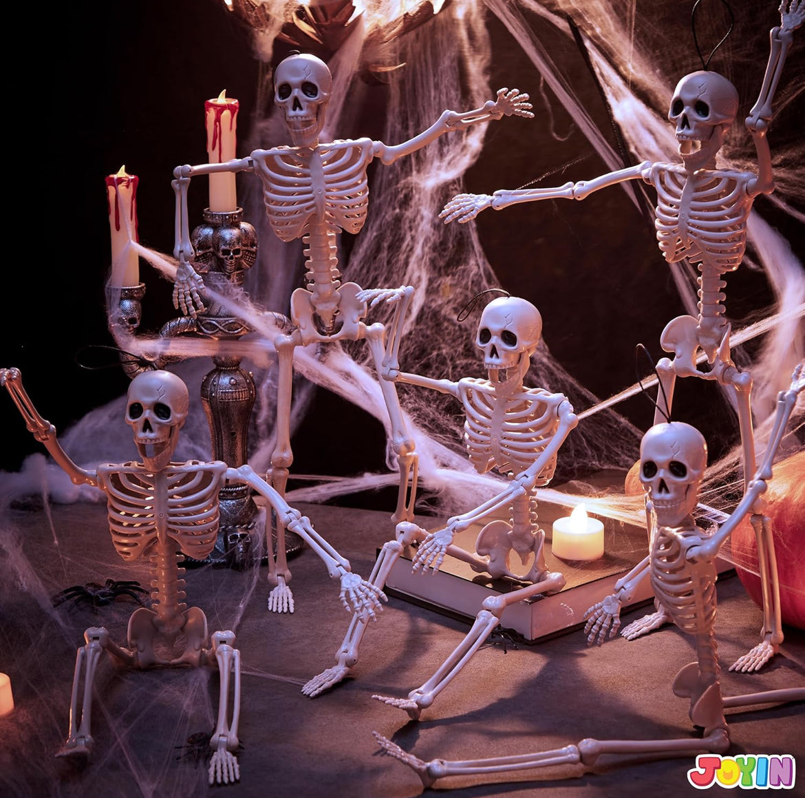 JOYIN 5 STK Verstelbare Halloween Skelet Dekor 40 cm, Volle Liggaam Verstelbare Gewrigte Hangende Skelette vir Halloween Versierings, Begraafplaas Rekwisiete, Spookhuis Bykomstighede, Grillerige Toneel Partytjie Geskenke