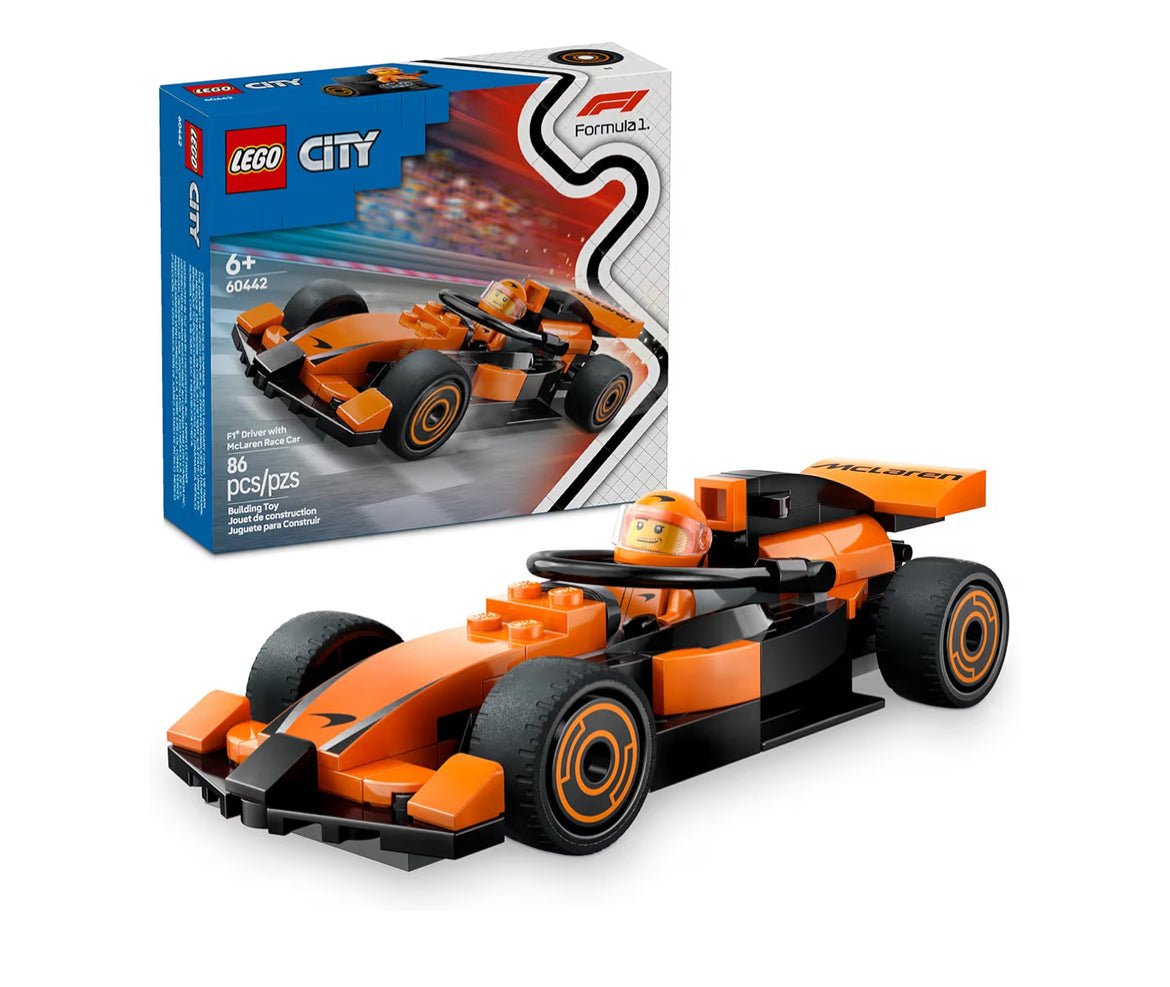 LEGO City F1-renjaer met McLaren-renmotor-speelding – Modelmotorboustel F1-versamelstuk met 'n renjaer-minifiguur