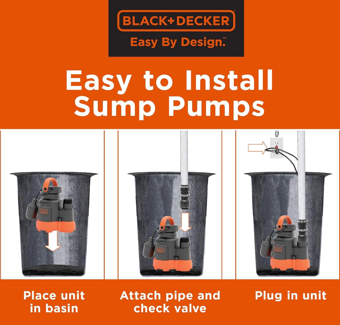 Black+Decker 1/3 HP Dompelbare Opgaarpomp, Pomp tot 2500 GPH