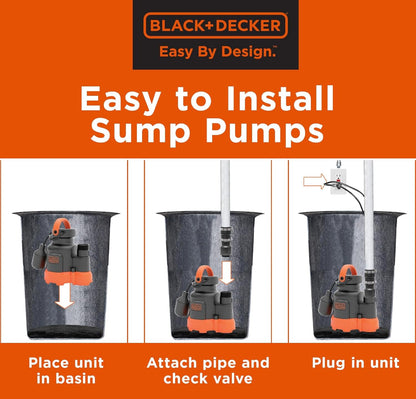 Black+Decker 1/3 HP Dompelbare Opgaarpomp, Pomp tot 2500 GPH