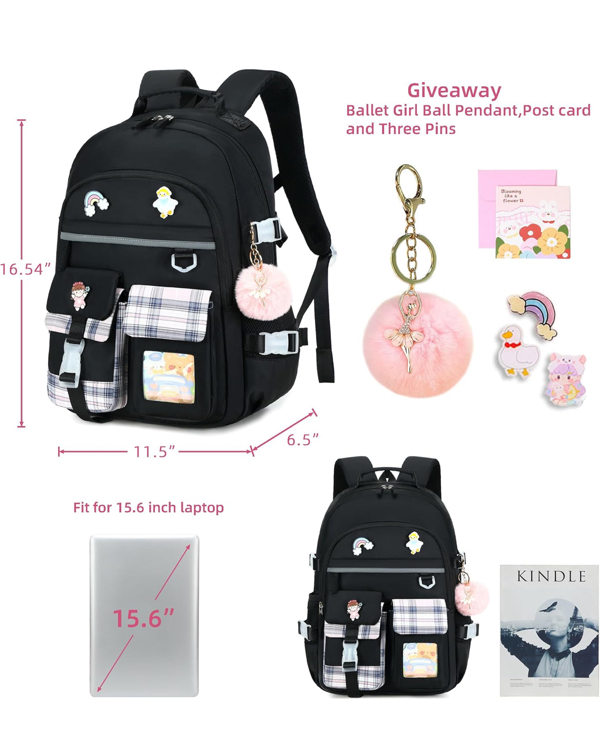 Backpack for Girls, 15.6 Inch Laptop School Bag Kids Kindergarten Elementary College Backpacks Large Bookbags for Teen Girl Women Students Casual Travel Daypacks (Black)