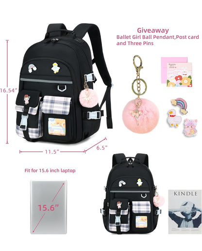 Backpack for Girls, 15.6 Inch Laptop School Bag Kids Kindergarten Elementary College Backpacks Large Bookbags for Teen Girl Women Students Casual Travel Daypacks (Black)