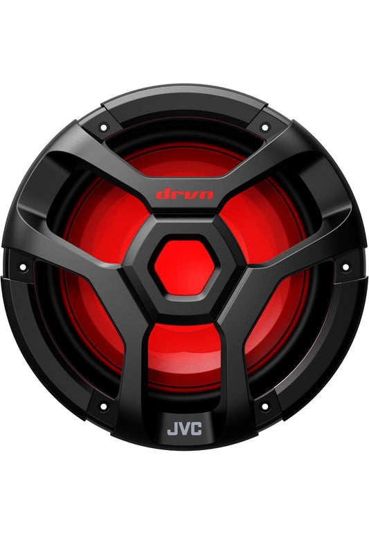 JVC CW-DR1040ML 10-duim RGB-beligting Buite Mariene/Motor Oudio-subwoofer - 1,300 Watt Enkel Swart Waterdigte Bass-hardluidspreker vir Mariene Stereo-klankstelsel