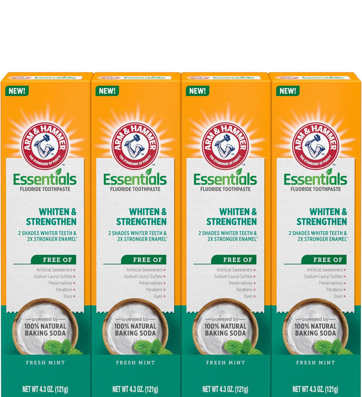 ARM & HAMMER Essentials Whiten & Strengthen Fluoride Toothpaste - Pack of 4 (4.3oz Tubes) - Fresh Mint
