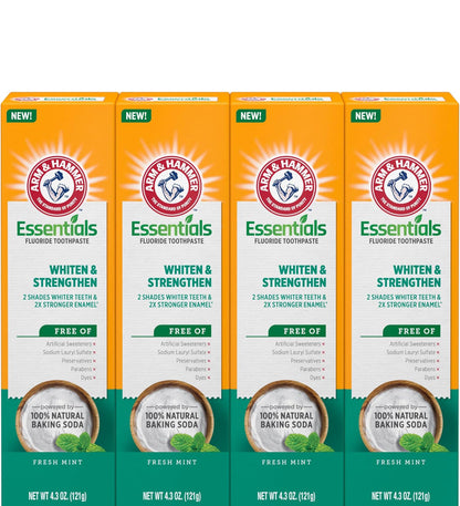ARM & HAMMER Essentials Whiten & Strengthen Fluoride Toothpaste - Pack of 4 (4.3oz Tubes) - Fresh Mint