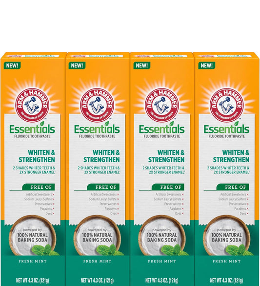 ARM & HAMMER Essentials Whiten & Strengthen Fluoride Tandepasta - Pakkie van 4 (4.3oz Buise) - Vars Munt