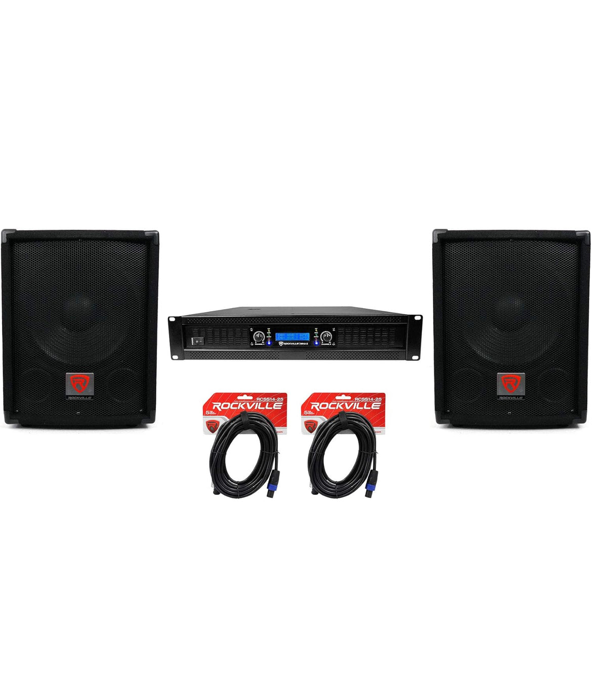 Rockville (2) Subwoofers Pro DJ PA 12" SBG1128 + Amplificateur 2 Canaux 5000 W + Câbles