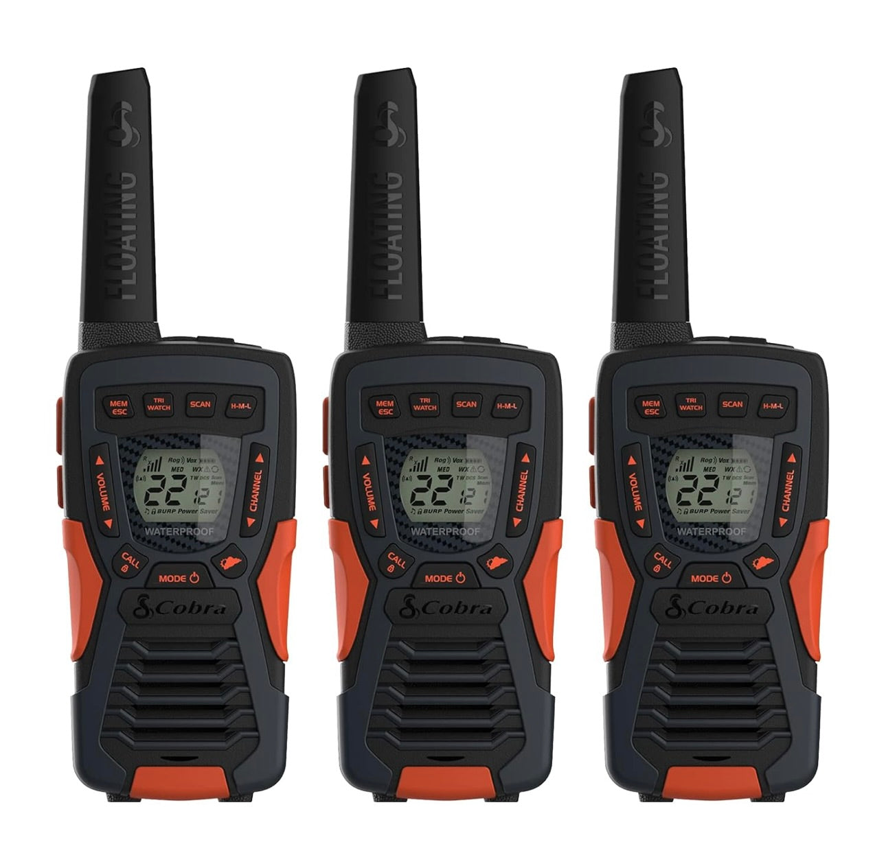 Radios bidirectionnelles d'urgence Cobra CXT10953PH-M, talkies-walkies étanches, portée jusqu'à 64 km, 22 canaux et canaux météo NOAA, réception UHF/FM ultra-claire, paquet de 3