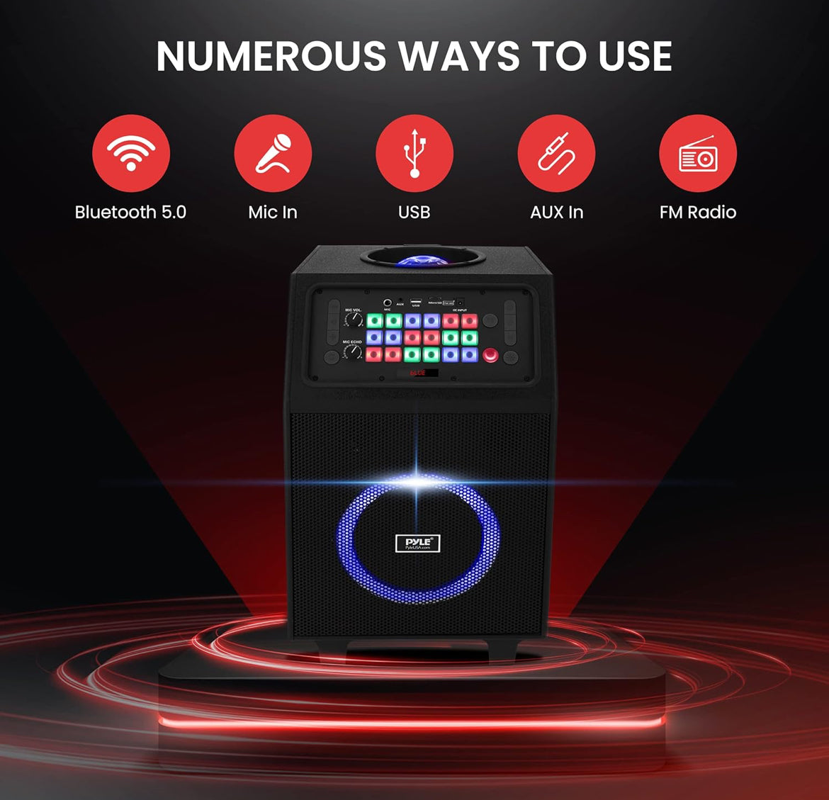 Portable Karaoke PA Speaker System - 600W 8” Rechargeable TWS, Party Lights, LED Display, FM/AUX/MP3/USB/SD, Wheels - Wireless Mic, Remote Control, Tablet Holder Included
