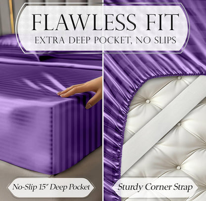 DECOLURE Satin Bed Sheets - 4 Piece Luxury Silky Queen Size Bedding Set - Softer Than Silk, Wrinkle-Free with 15” Deep Pocket Fitted Sheet, Perfect for Hair & Skin, Gifts for Women (Striped Purple)