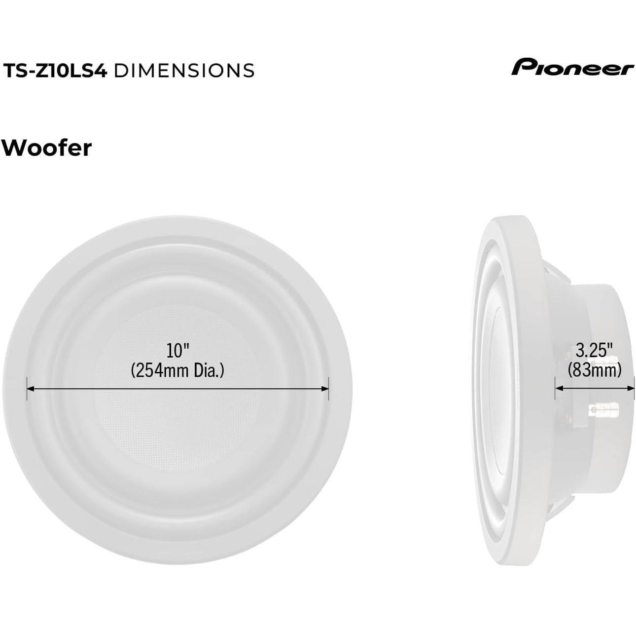 Pioneer TS-Z10LS4 10” Oorgroot Subwoofer, Vlak Ontwerp, Maklike Installasie en Buigsame Pasvorm, 1300 Watt Spitskrag, Enkel 4 Ohms Spreekspoel vir Diep, Verbeterde Bassweergawe