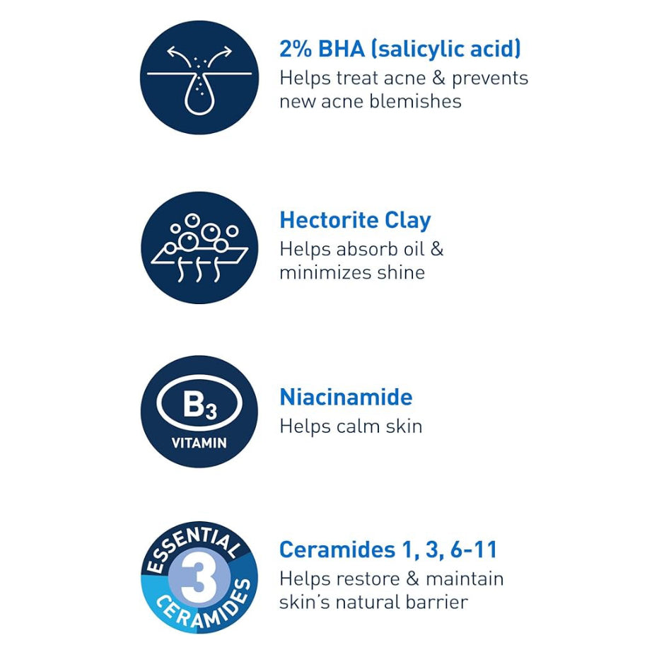 CeraVe Akneebeheer-reiniger, 2% Salisielsuurbehandeling Geformuleer met Niasinamied + Sereamide + Olie-absorberende Klei Sonder Geur (16 Oz)