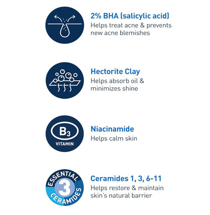 CeraVe Akneebeheer-reiniger, 2% Salisielsuurbehandeling Geformuleer met Niasinamied + Sereamide + Olie-absorberende Klei Sonder Geur (16 Oz)