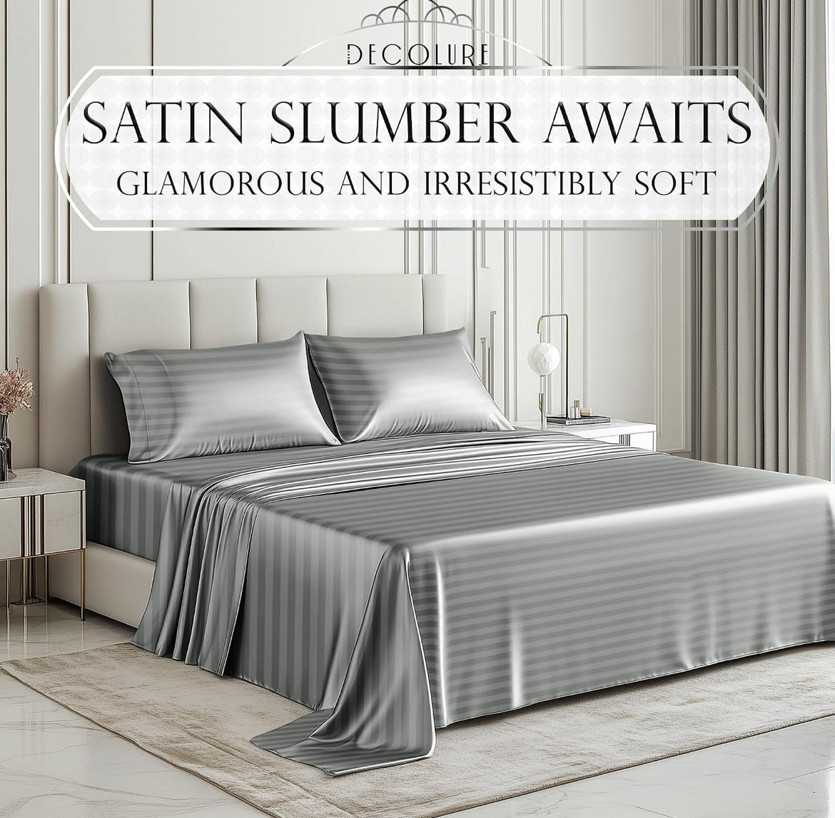 DECOLURE Satin Bed Sheets - 4 Piece Luxury Silky Queen Size Bedding Set - Softer Than Silk, Wrinkle-Free with 15” Deep Pocket Fitted Sheet, Perfect for Hair & Skin, Gifts for Women (Striped Grey)