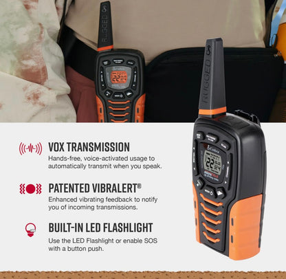 Cobra ACXT645 Waterdigte Walkie Talkies - Herlaaibaar, 22 Kanale, Langafstand 35 Myl Tweeradio-stel, Swart en Oranje (2-pak)