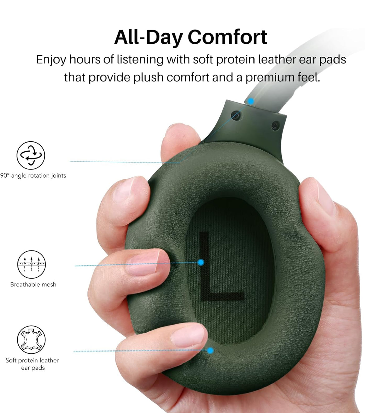 HT3 Hybrid Noise Cancelling Headphones, 90H Battery Life Over Ear Bluetooth 6.0 Foldable Headset, AI Voice Assistant - Green