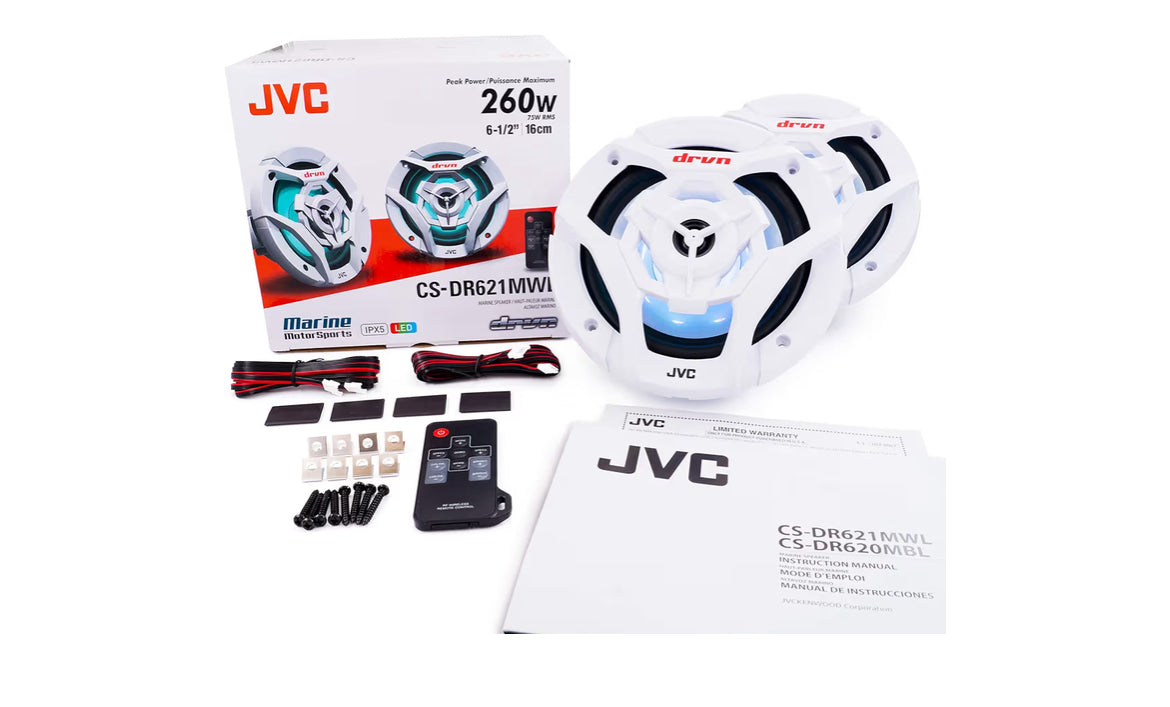 JVC CS-DR620MBL 6.5 Duim Motor & Marine, Motorsports, Motor Klank Stereo 2-rigting Luidsprekers met Koel Ingeboude RGB LED Liggie, Weervas IPX5, 260 Watt, UV Beskermde Roosters Ingesluit - Swart