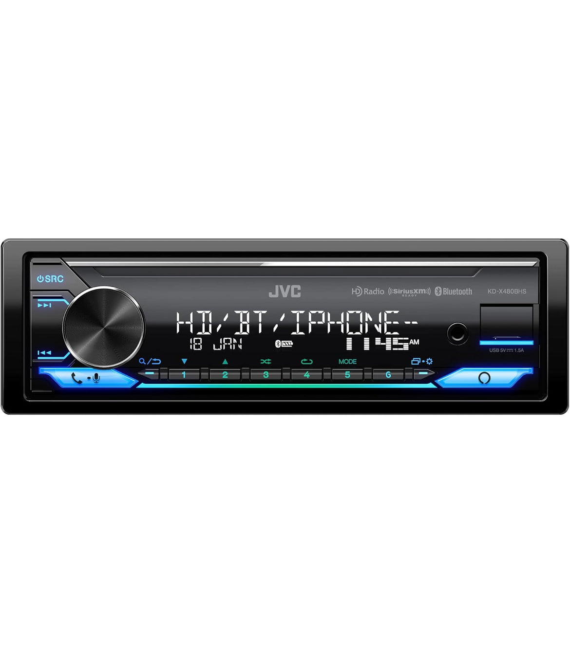 JVC KD-X480BHS Multimedia Motorradio, Enkel DIN, Ingeboude Amazon Alexa, Bluetooth Oudio en Hands-vrye Oproepe, MP3, USB, AUX-in, AM/FM Radio Ontvanger, SiriusXM Gereed, HD Radio