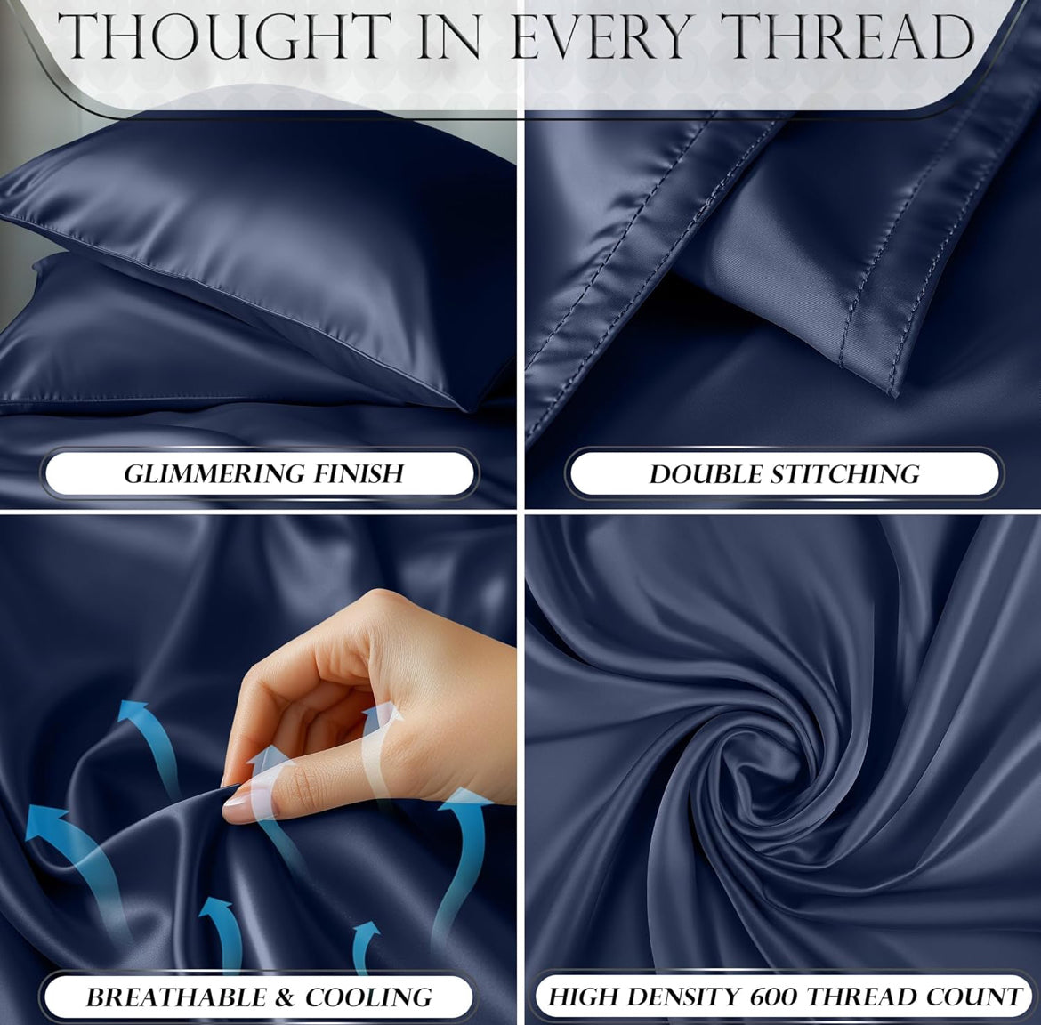 DECOLURE Satin Bed Sheets - 4 Piece Luxury Silky Queen Size Bedding Set - Softer Than Silk, Wrinkle-Free with 15” Deep Pocket Fitted Sheet, Perfect for Hair & Skin, Gifts for Women (Navy Blue)