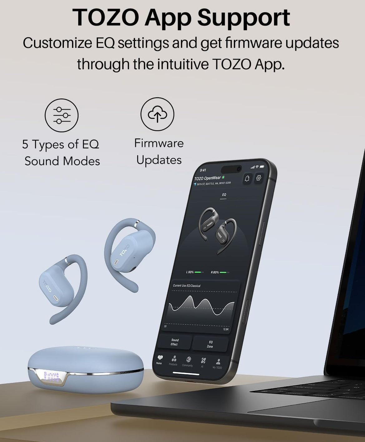 OpenWear Open Ear Headphones, Adjustable Ear Hooks, Ultra Comfort, Bass Bluetooth Headphones 5.4 with Smart Digital Display (Blue)